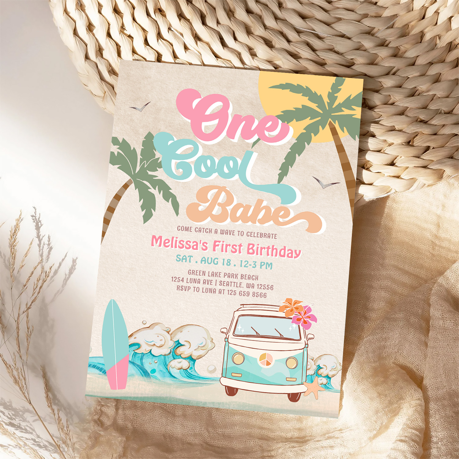 Pink Mint One Cool Babe Surfing 1st Birthday Invitation - Image 4