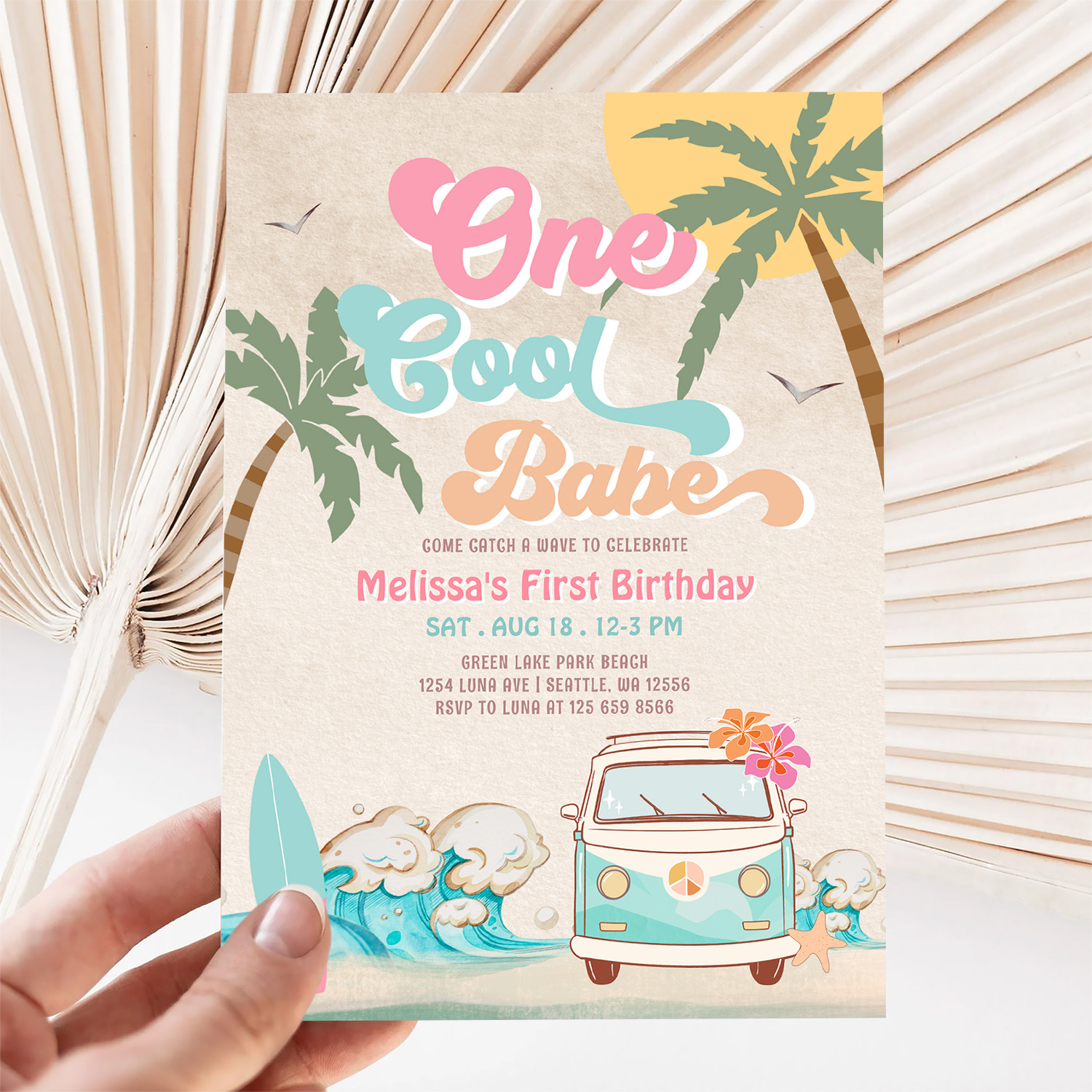 Pink Mint One Cool Babe Surfing 1st Birthday Invitation - Image 5