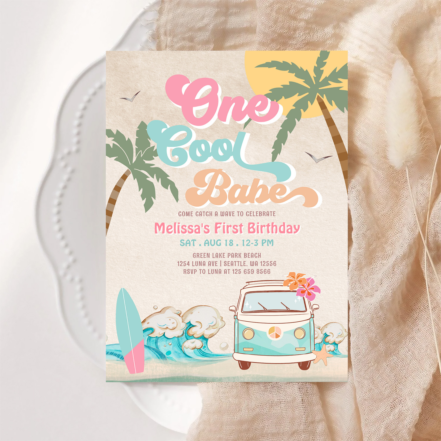 Pink Mint One Cool Babe Surfing 1st Birthday Invitation - Image 6