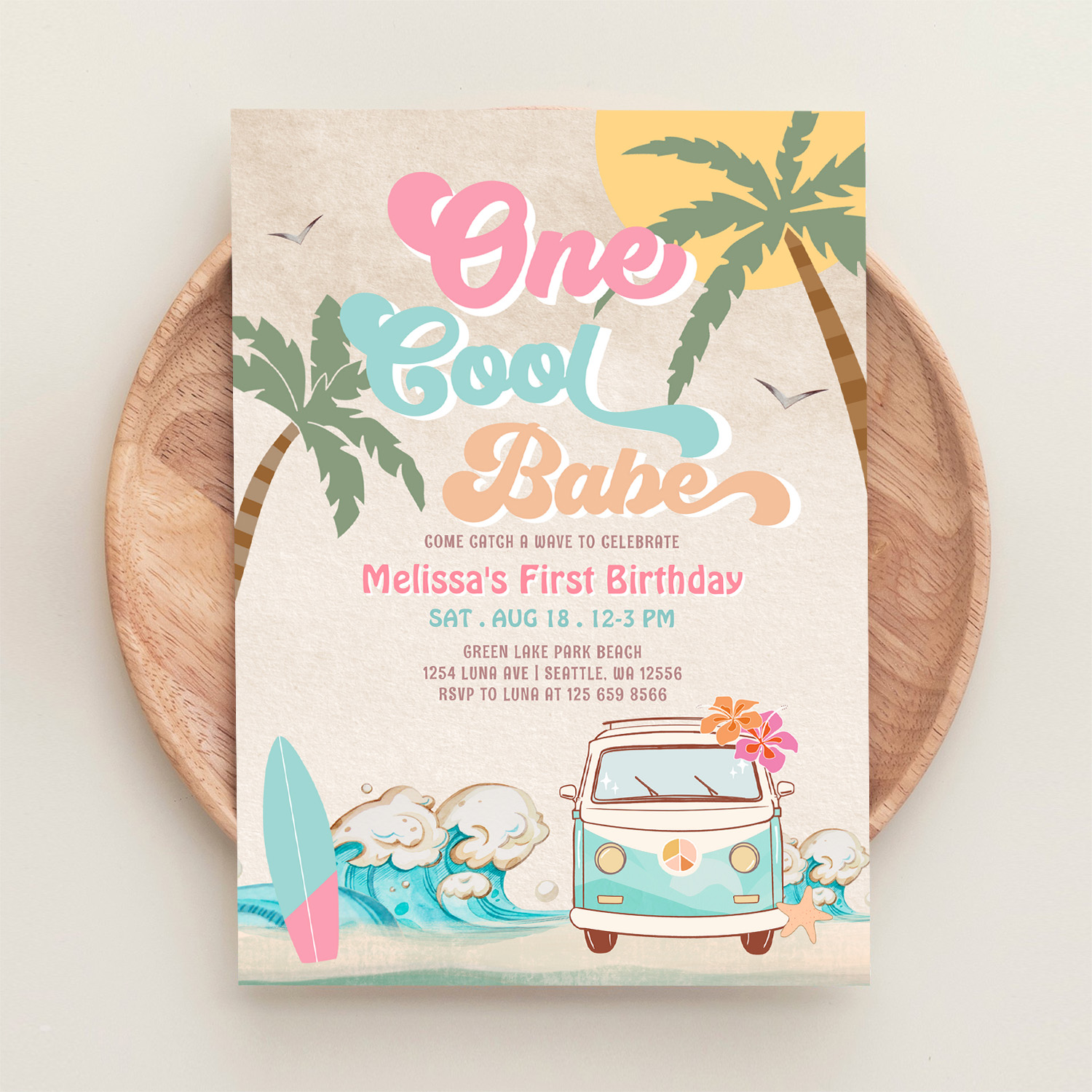 Pink Mint One Cool Babe Surfing 1st Birthday Invitation - Image 7