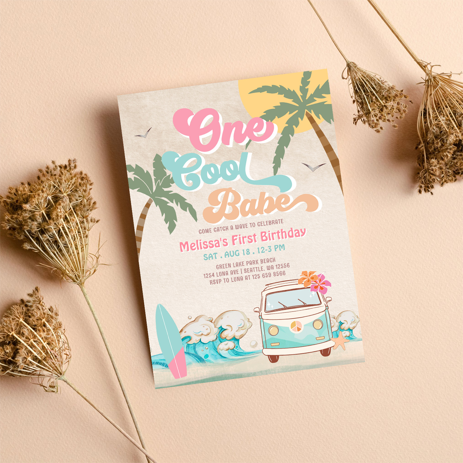 Pink Mint One Cool Babe Surfing 1st Birthday Invitation - Image 8