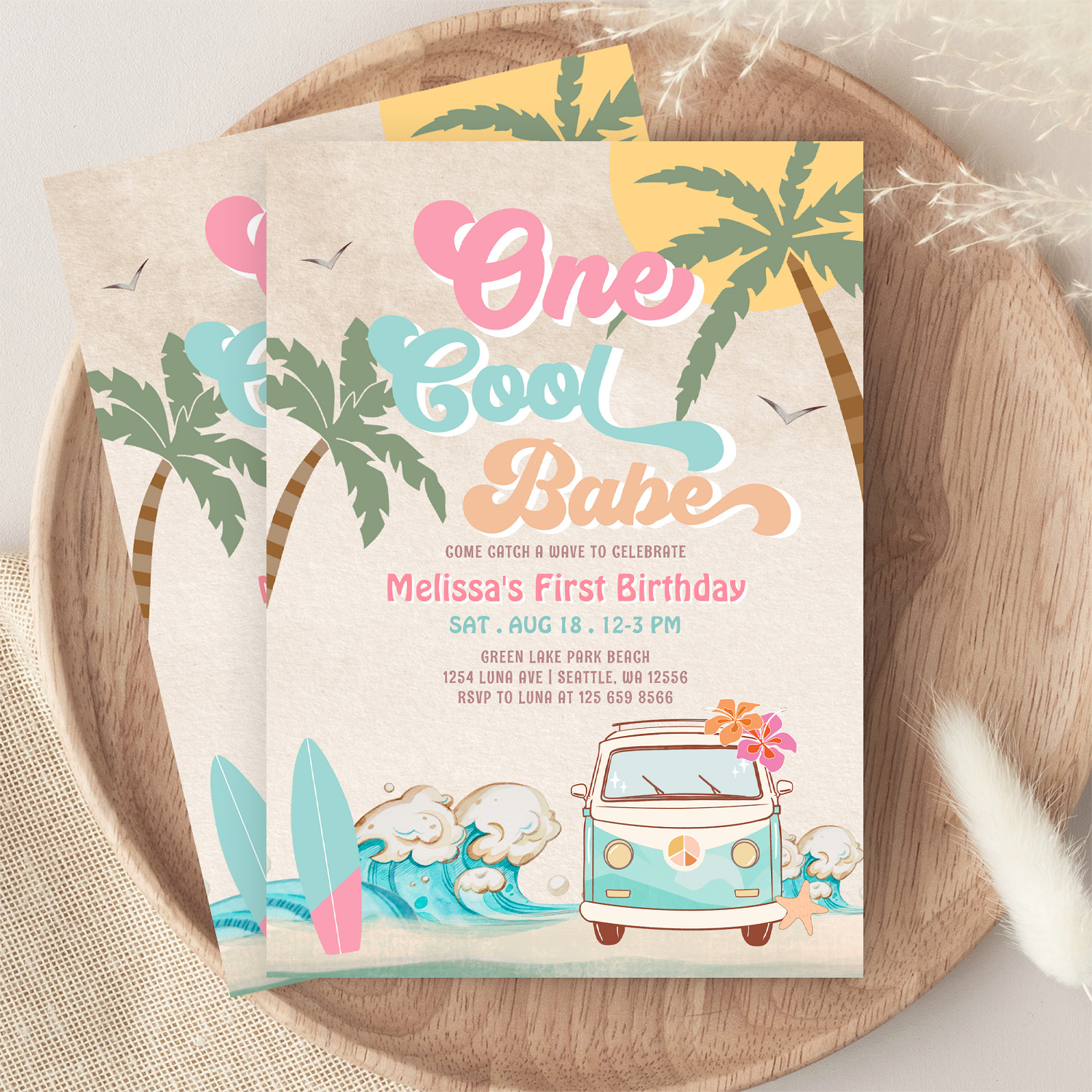 Pink Mint One Cool Babe Surfing 1st Birthday Invitation - Image 9