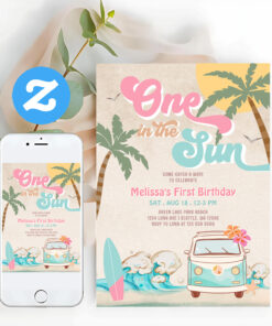 Pink Mint One In The Sun Surfing 1st Birthday Invitation