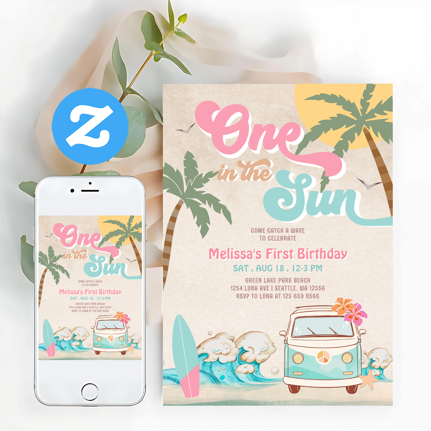 Pink Mint One In The Sun Surfing 1st Birthday Invitation