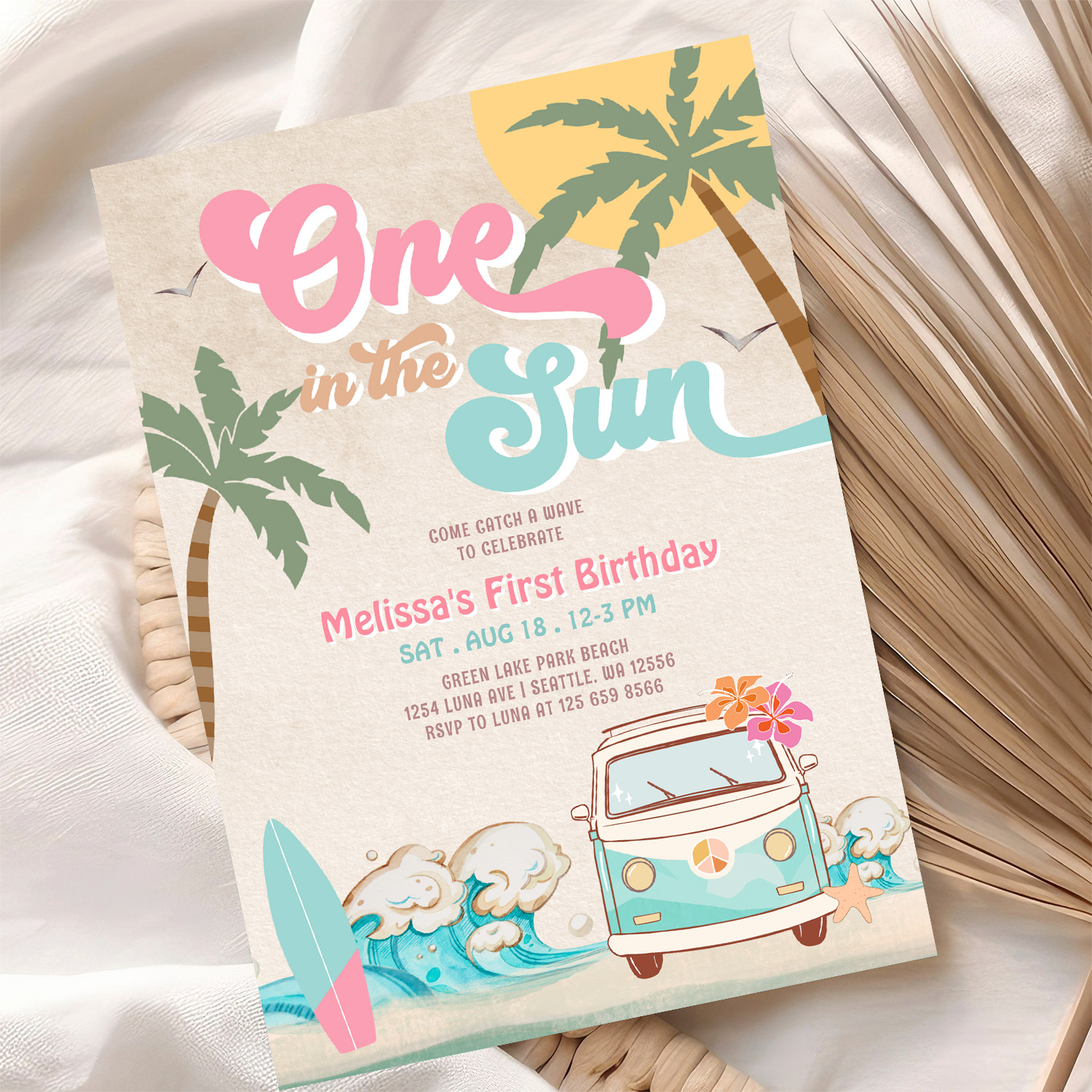 Pink Mint One In The Sun Surfing 1st Birthday Invitation - Image 10