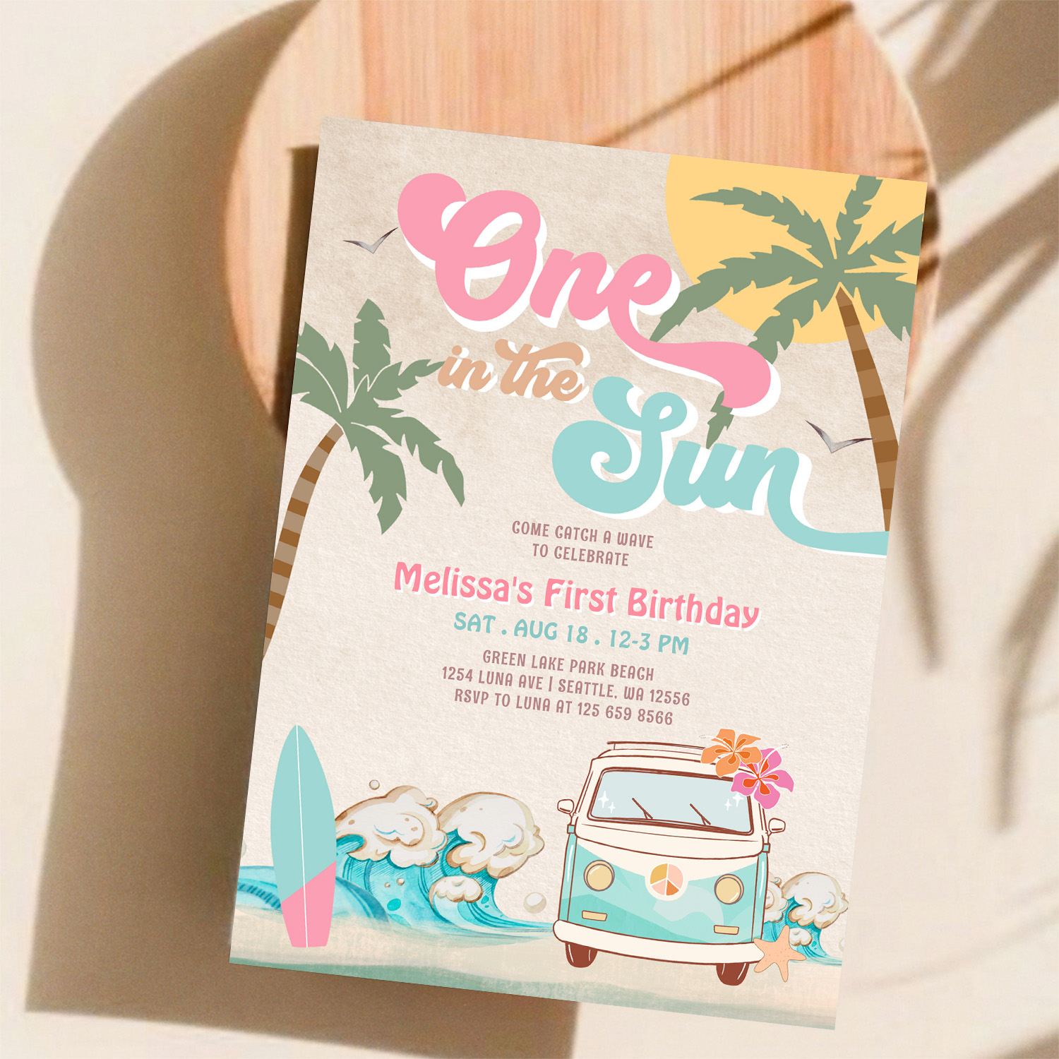 Pink Mint One In The Sun Surfing 1st Birthday Invitation - Image 11