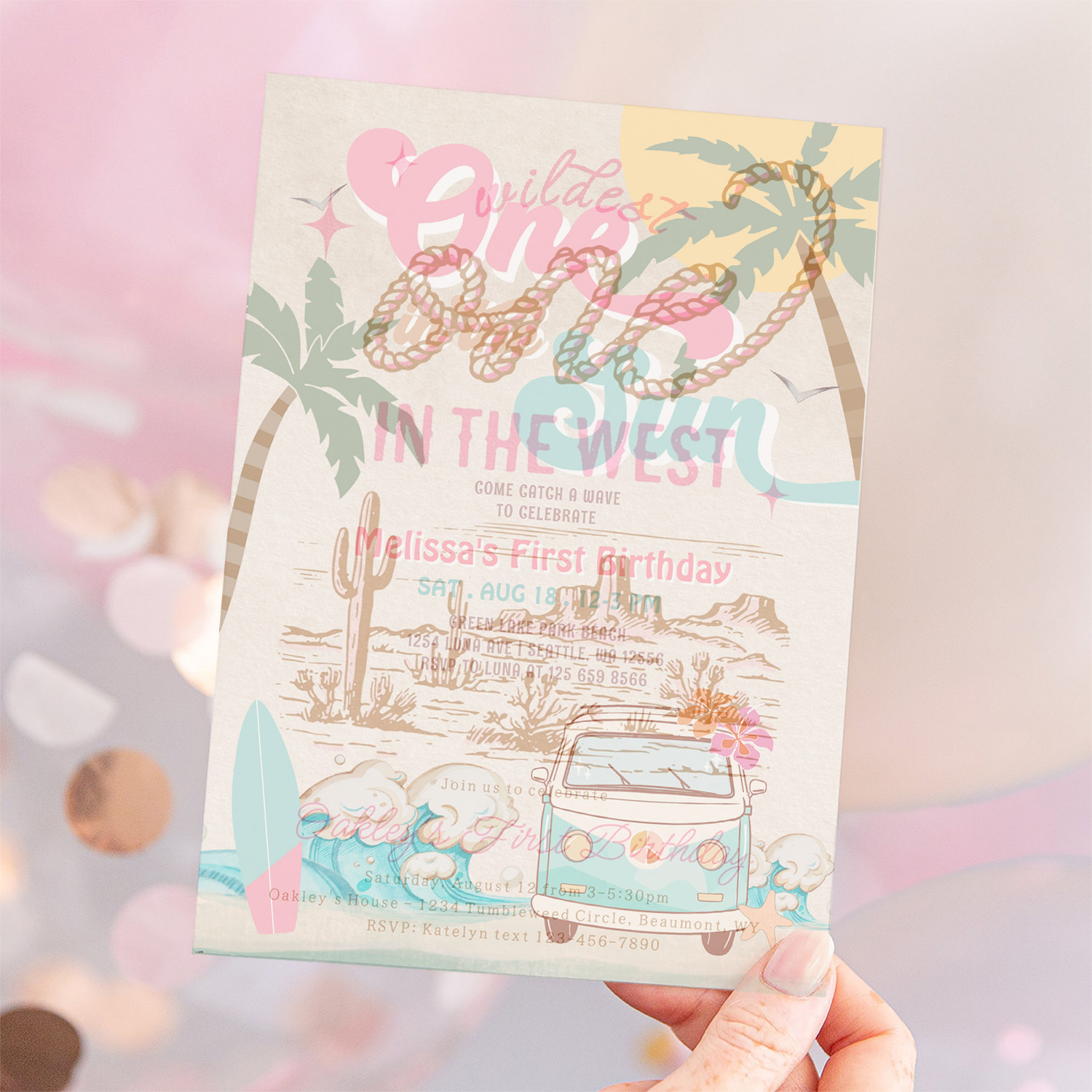 Pink Mint One In The Sun Surfing 1st Birthday Invitation - Image 12