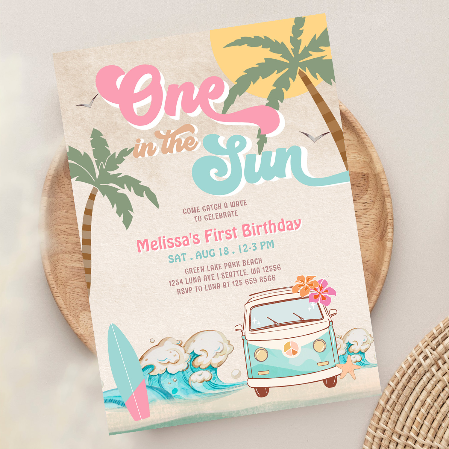 Pink Mint One In The Sun Surfing 1st Birthday Invitation - Image 13