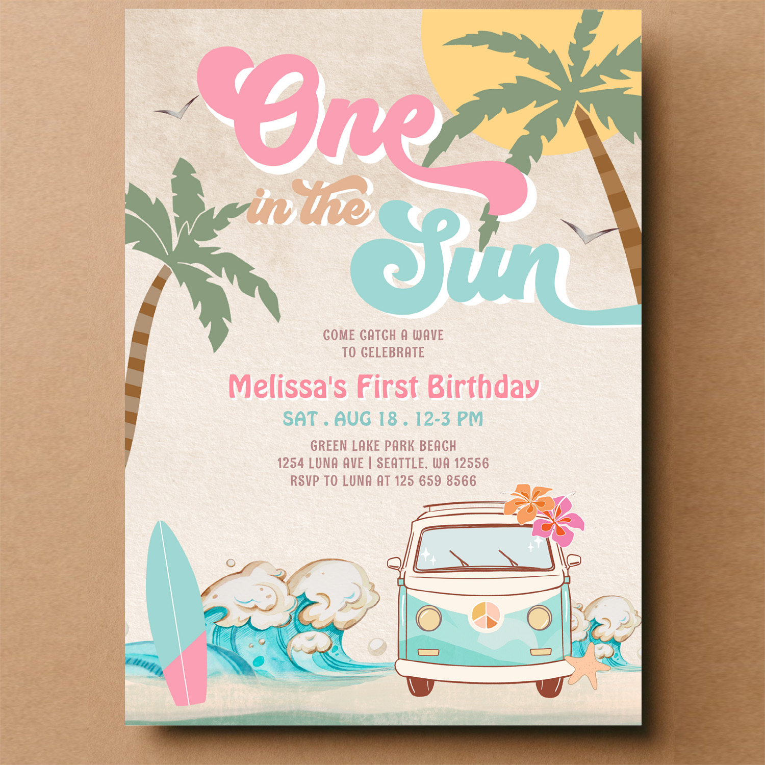 Pink Mint One In The Sun Surfing 1st Birthday Invitation - Image 14