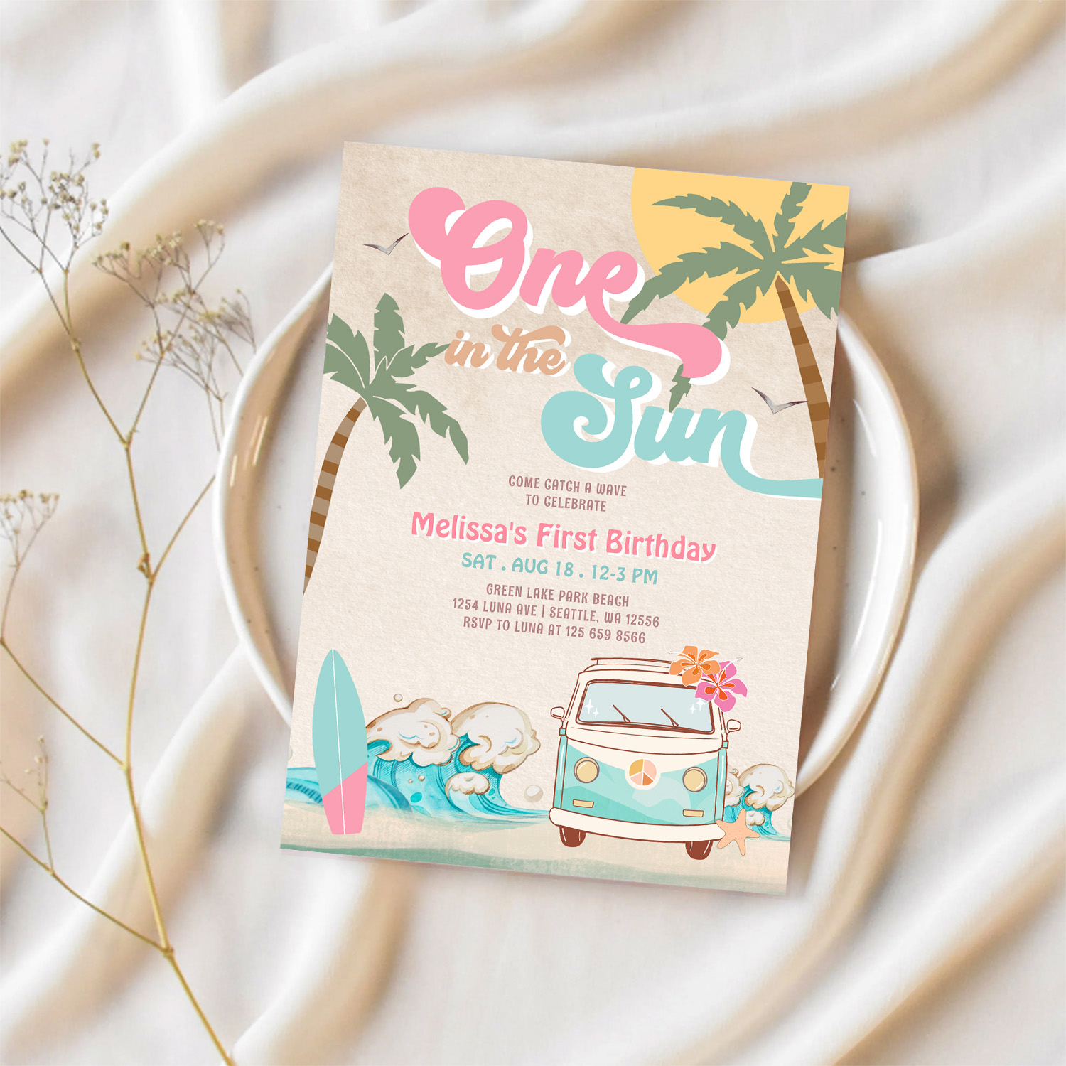 Pink Mint One In The Sun Surfing 1st Birthday Invitation - Image 2