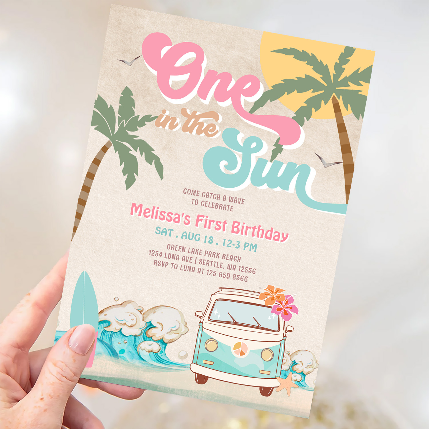 Pink Mint One In The Sun Surfing 1st Birthday Invitation - Image 3
