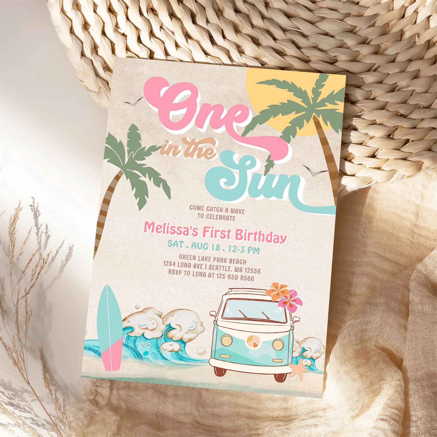 Pink Mint One In The Sun Surfing 1st Birthday Invitation - Image 4