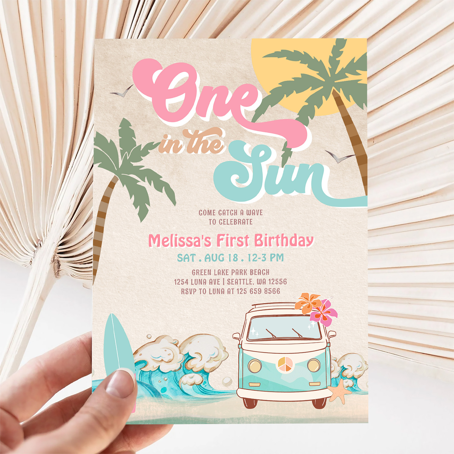 Pink Mint One In The Sun Surfing 1st Birthday Invitation - Image 5