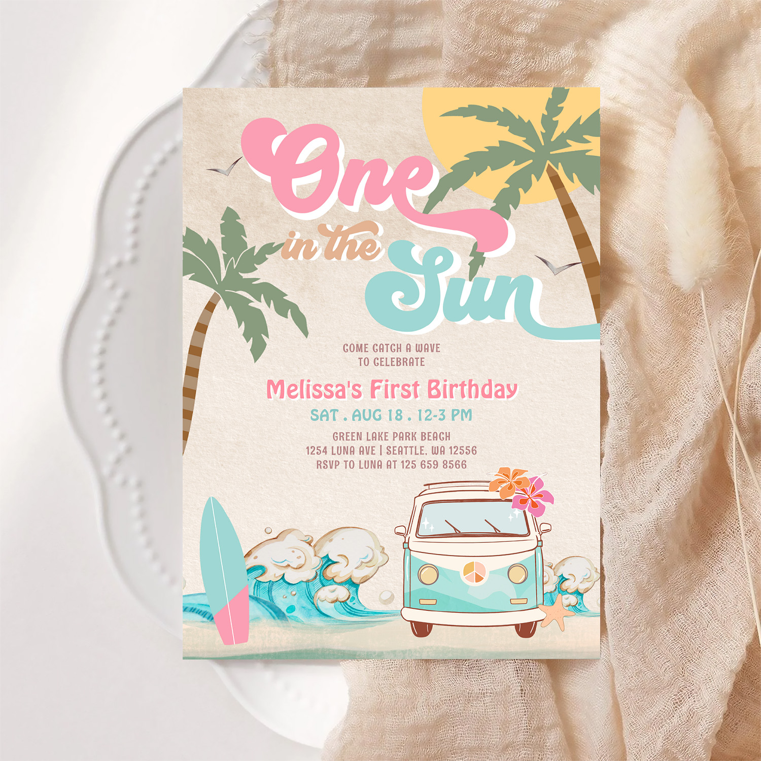Pink Mint One In The Sun Surfing 1st Birthday Invitation - Image 6