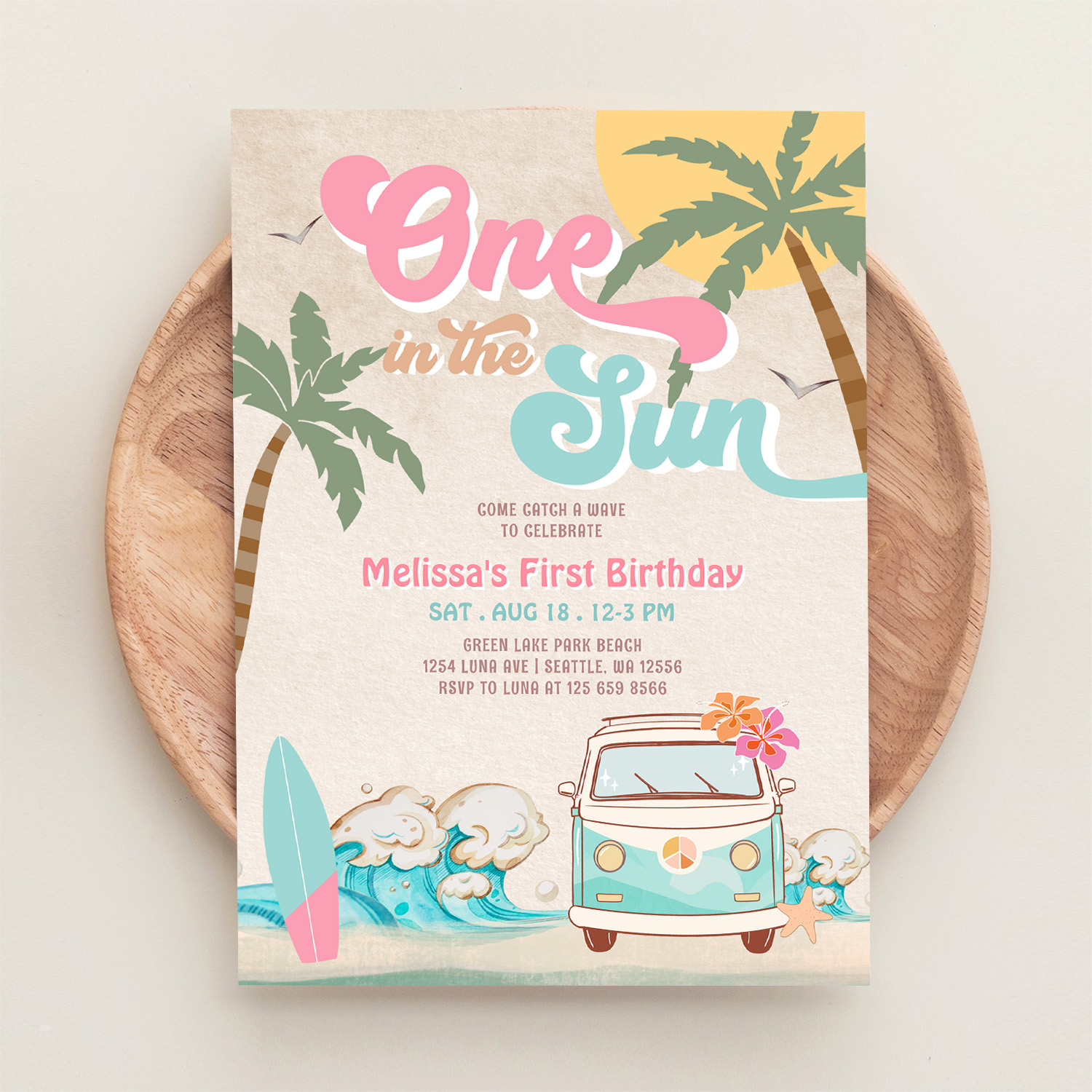 Pink Mint One In The Sun Surfing 1st Birthday Invitation - Image 7