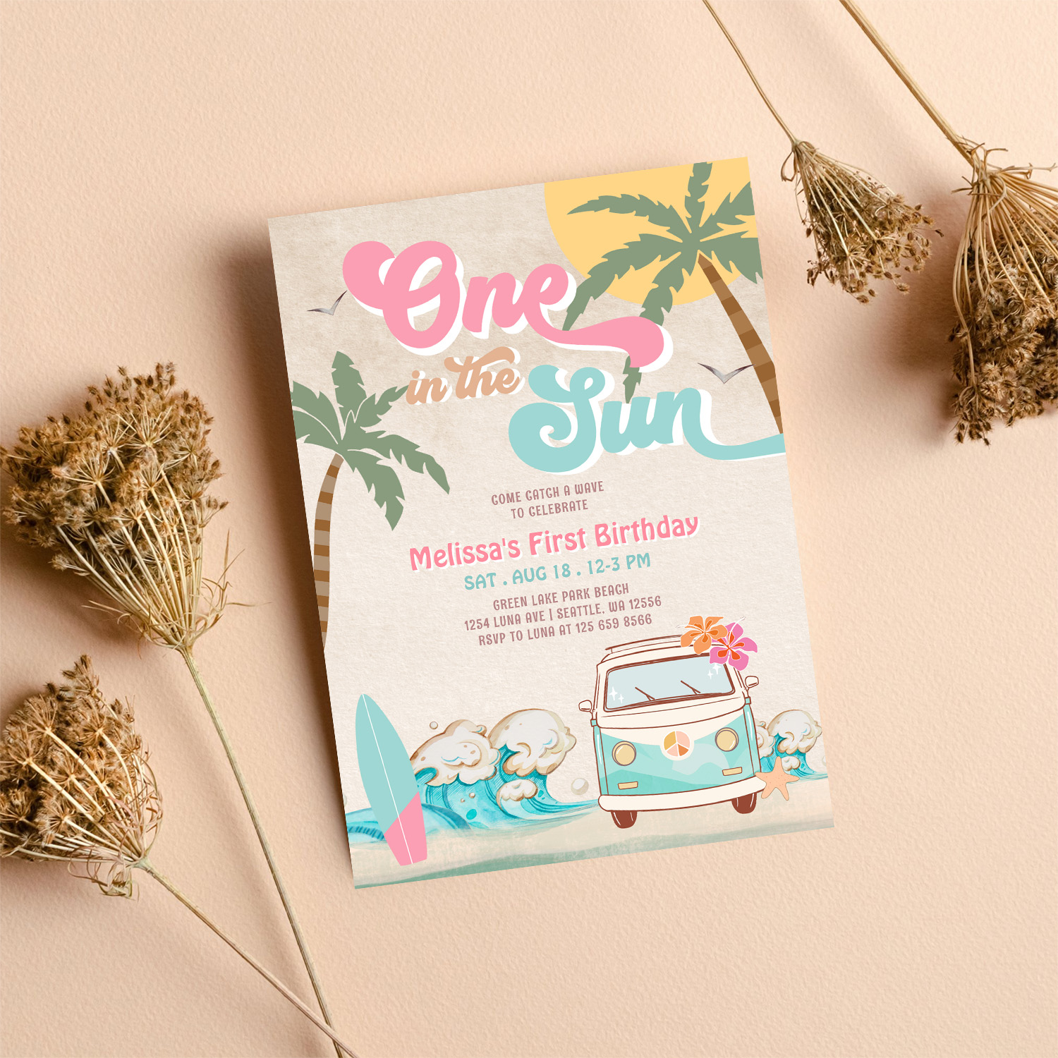 Pink Mint One In The Sun Surfing 1st Birthday Invitation - Image 8