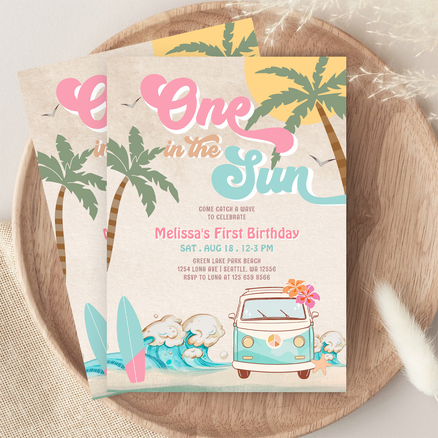 Pink Mint One In The Sun Surfing 1st Birthday Invitation - Image 9