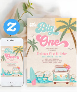 Pink Mint The Big One Surfing 1st Birthday Invitation
