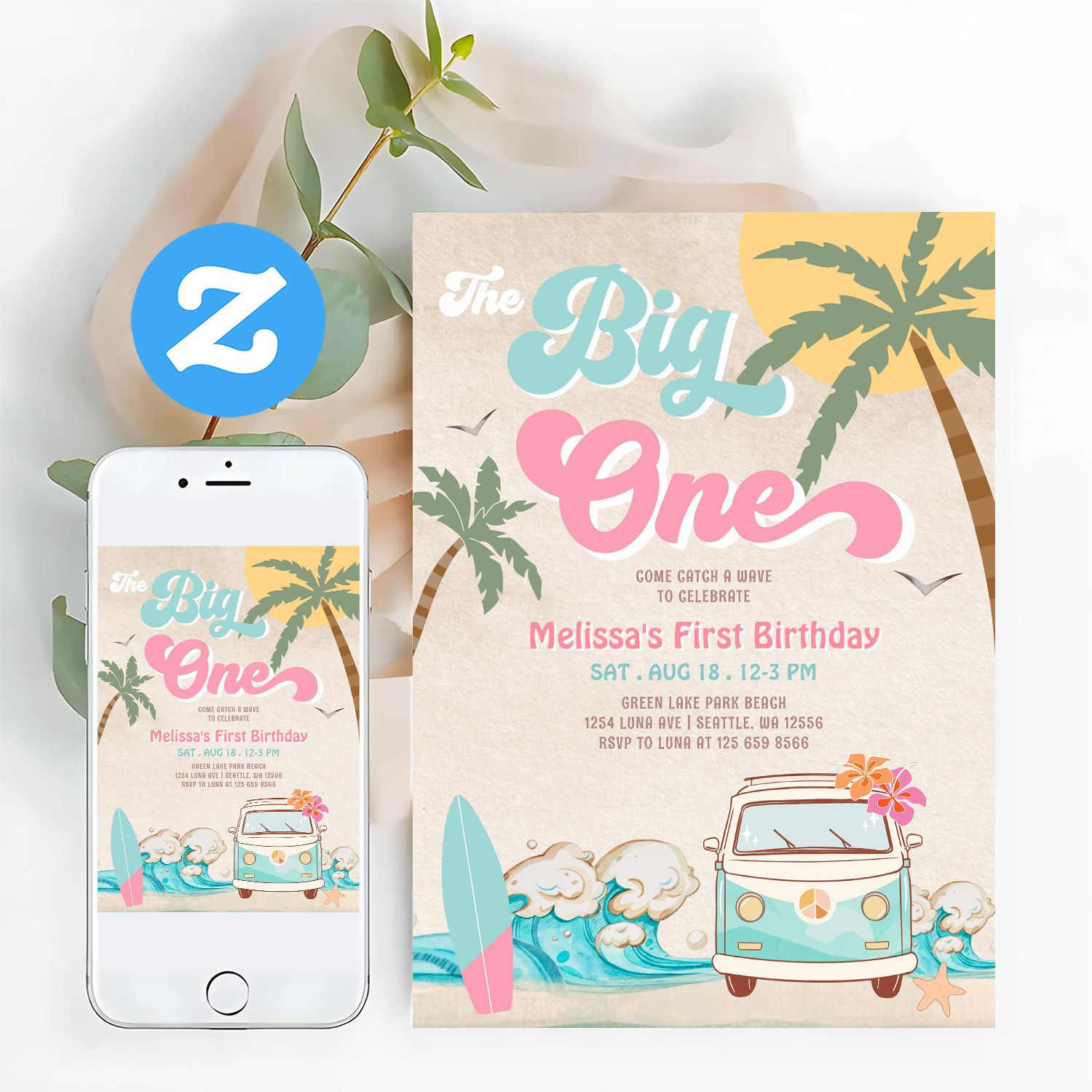 Pink Mint The Big One Surfing 1st Birthday Invitation