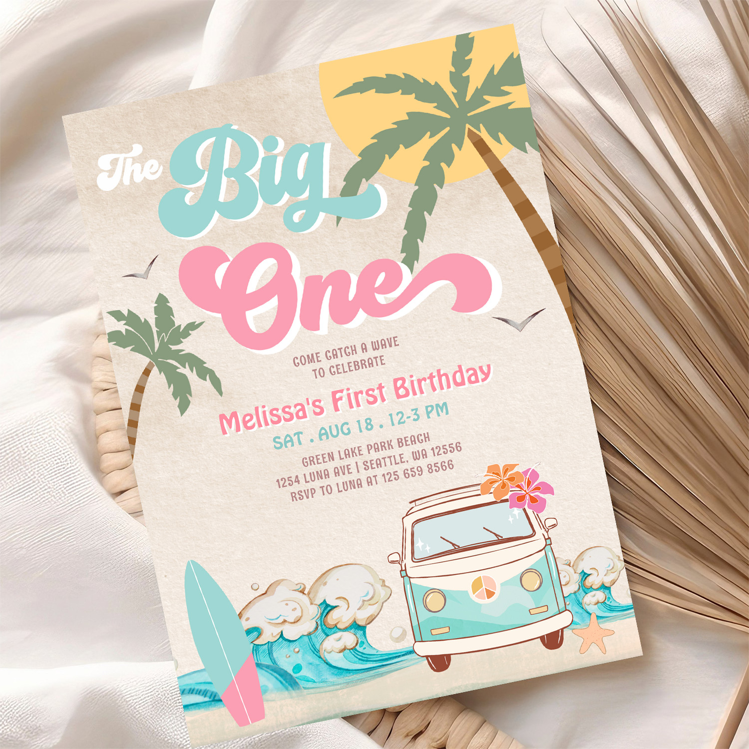 Pink Mint The Big One Surfing 1st Birthday Invitation - Image 10