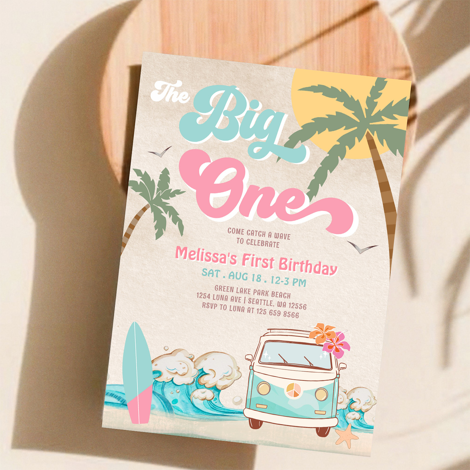 Pink Mint The Big One Surfing 1st Birthday Invitation - Image 11