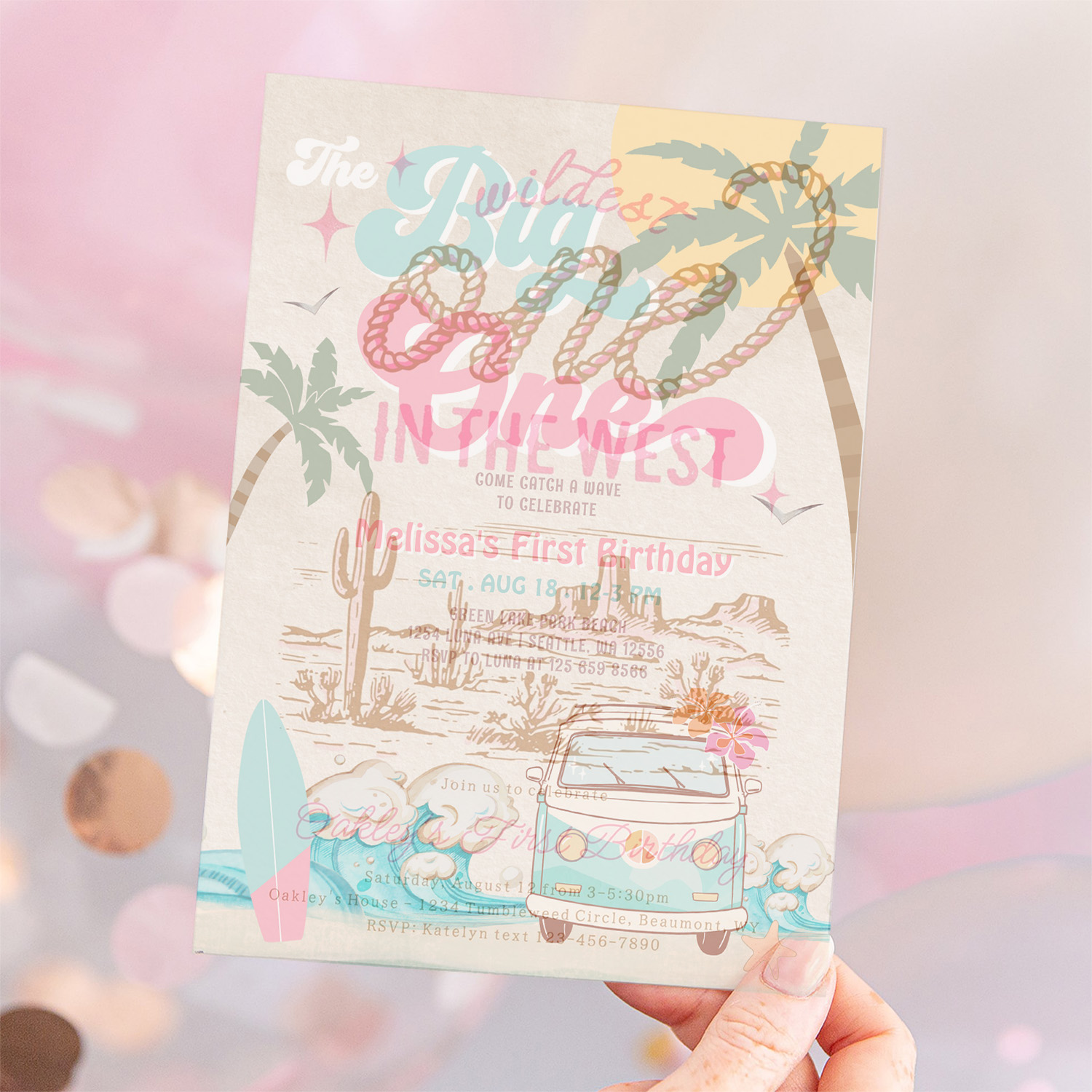 Pink Mint The Big One Surfing 1st Birthday Invitation - Image 12