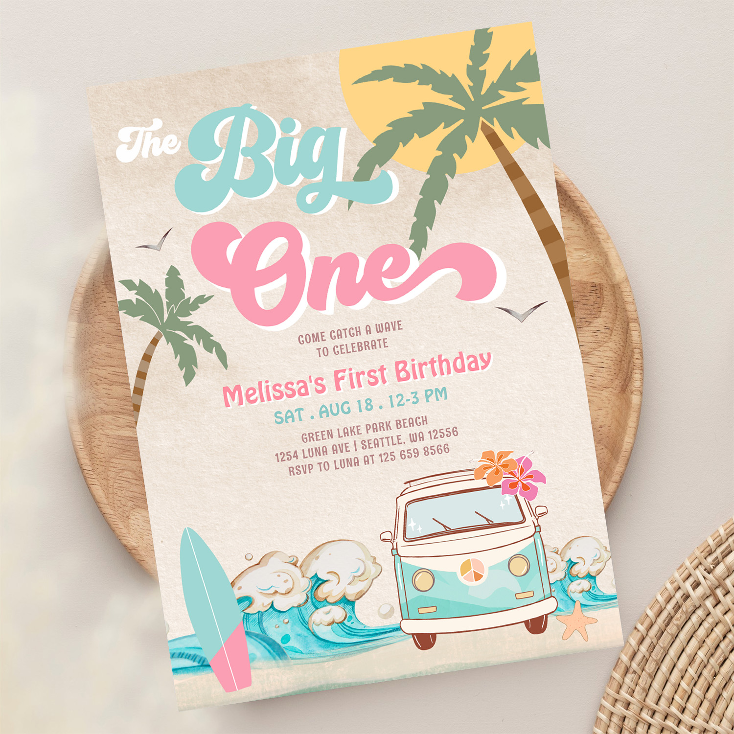 Pink Mint The Big One Surfing 1st Birthday Invitation - Image 13
