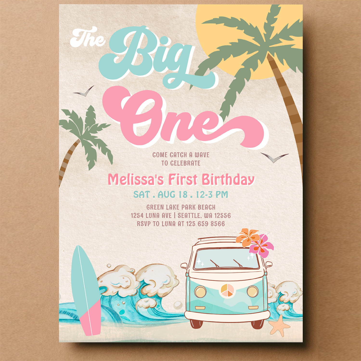 Pink Mint The Big One Surfing 1st Birthday Invitation - Image 14
