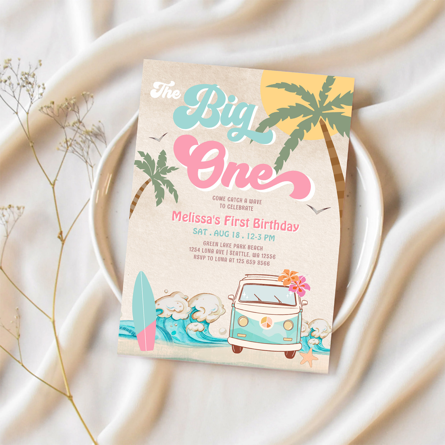 Pink Mint The Big One Surfing 1st Birthday Invitation - Image 2