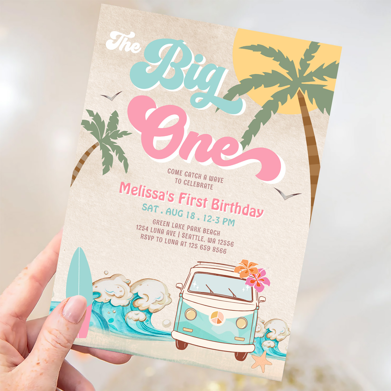 Pink Mint The Big One Surfing 1st Birthday Invitation - Image 3