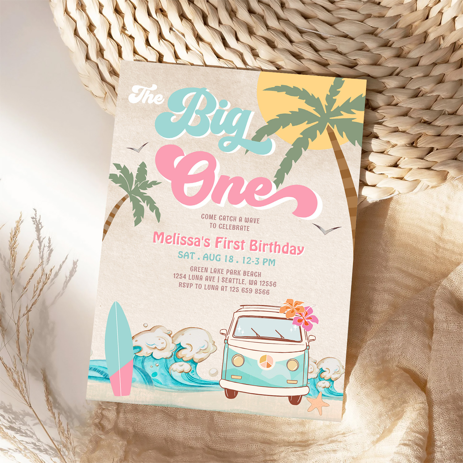 Pink Mint The Big One Surfing 1st Birthday Invitation - Image 4