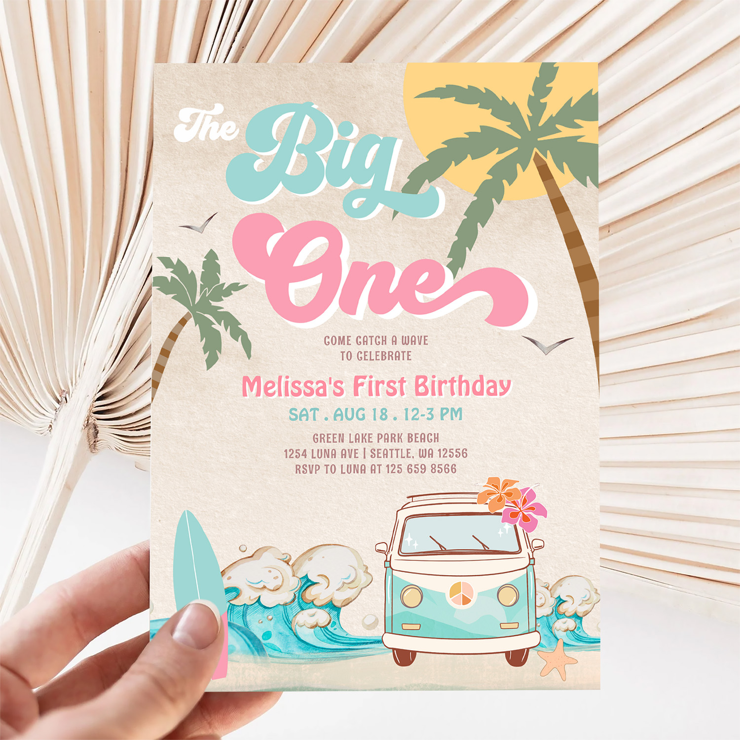 Pink Mint The Big One Surfing 1st Birthday Invitation - Image 5