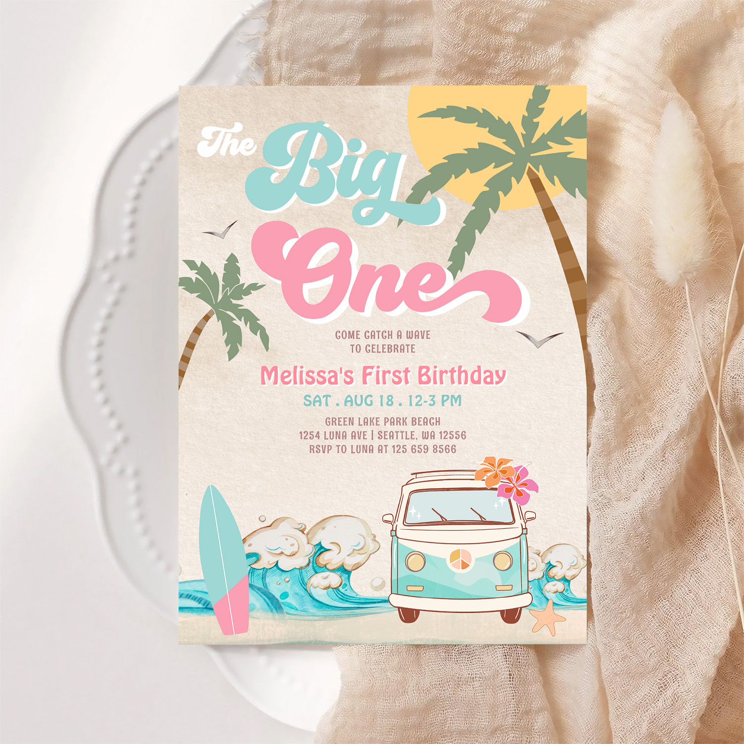 Pink Mint The Big One Surfing 1st Birthday Invitation - Image 6