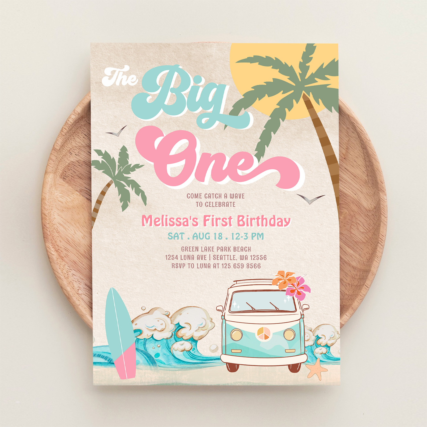 Pink Mint The Big One Surfing 1st Birthday Invitation - Image 7