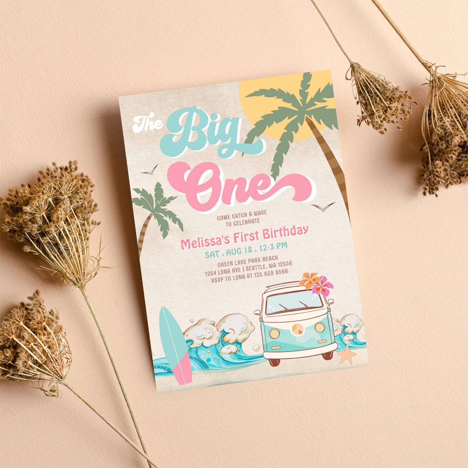 Pink Mint The Big One Surfing 1st Birthday Invitation - Image 8