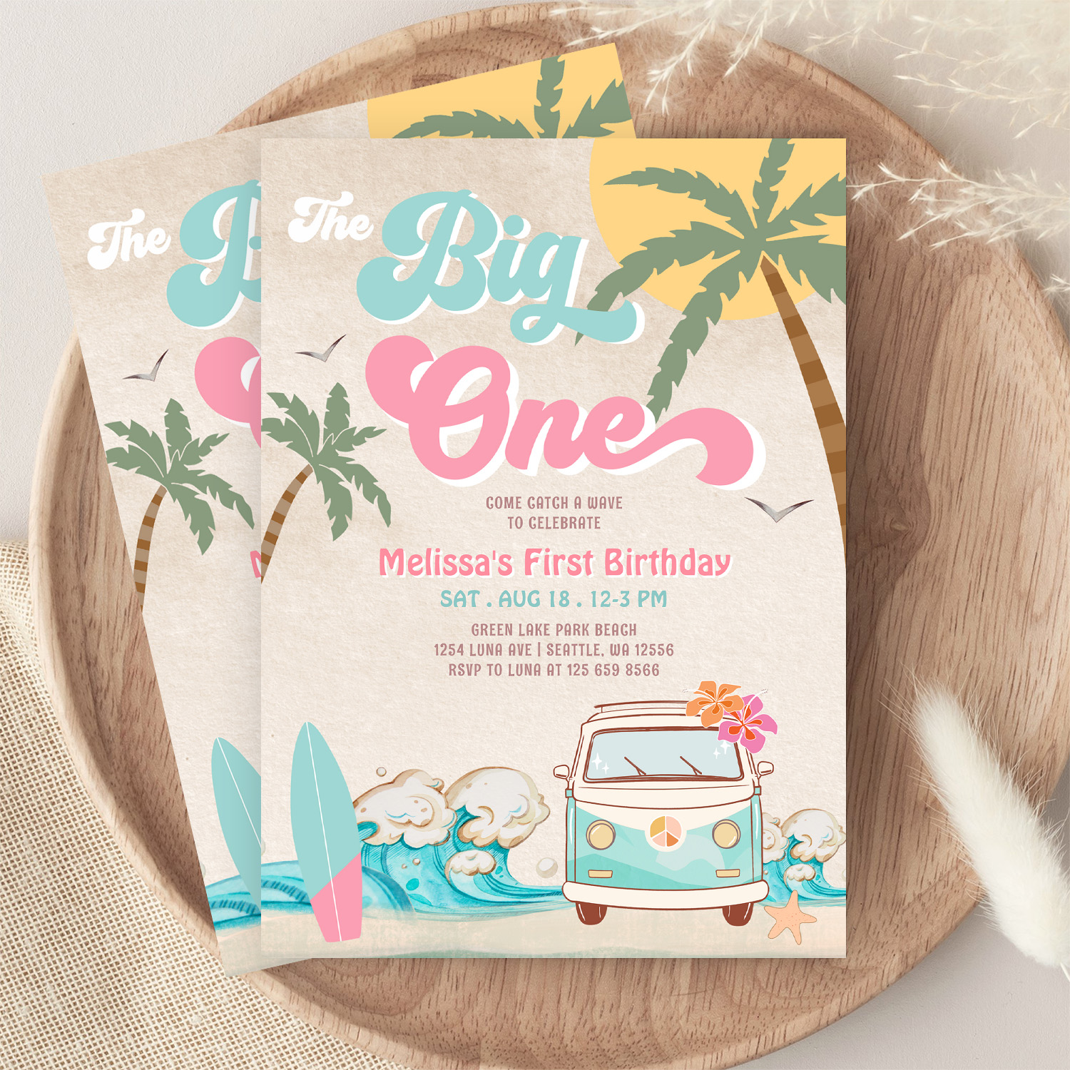 Pink Mint The Big One Surfing 1st Birthday Invitation - Image 9