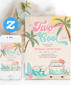 Pink Mint Two Cool Surfing 2nd Birthday Invitation