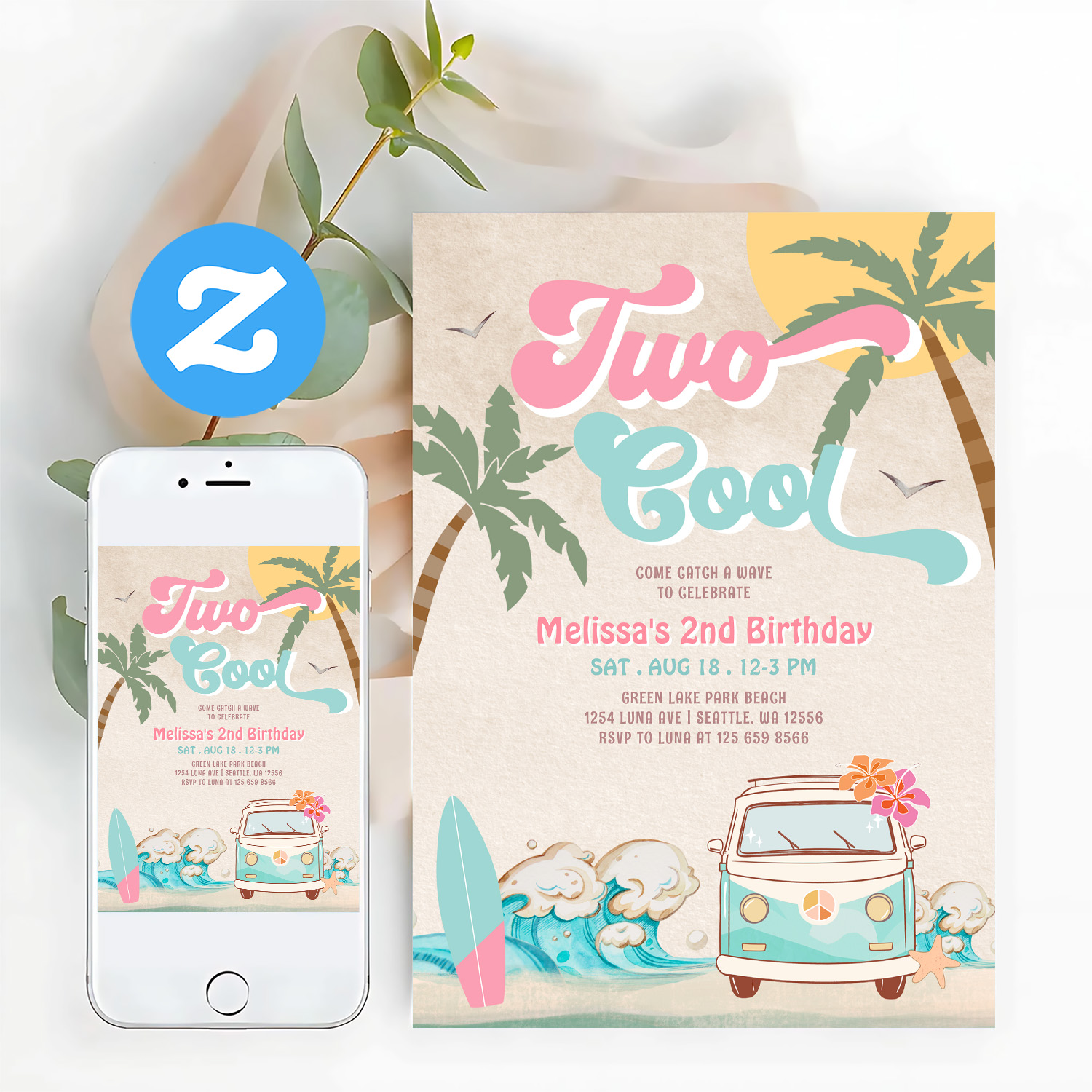 Pink Mint Two Cool Surfing 2nd Birthday Invitation