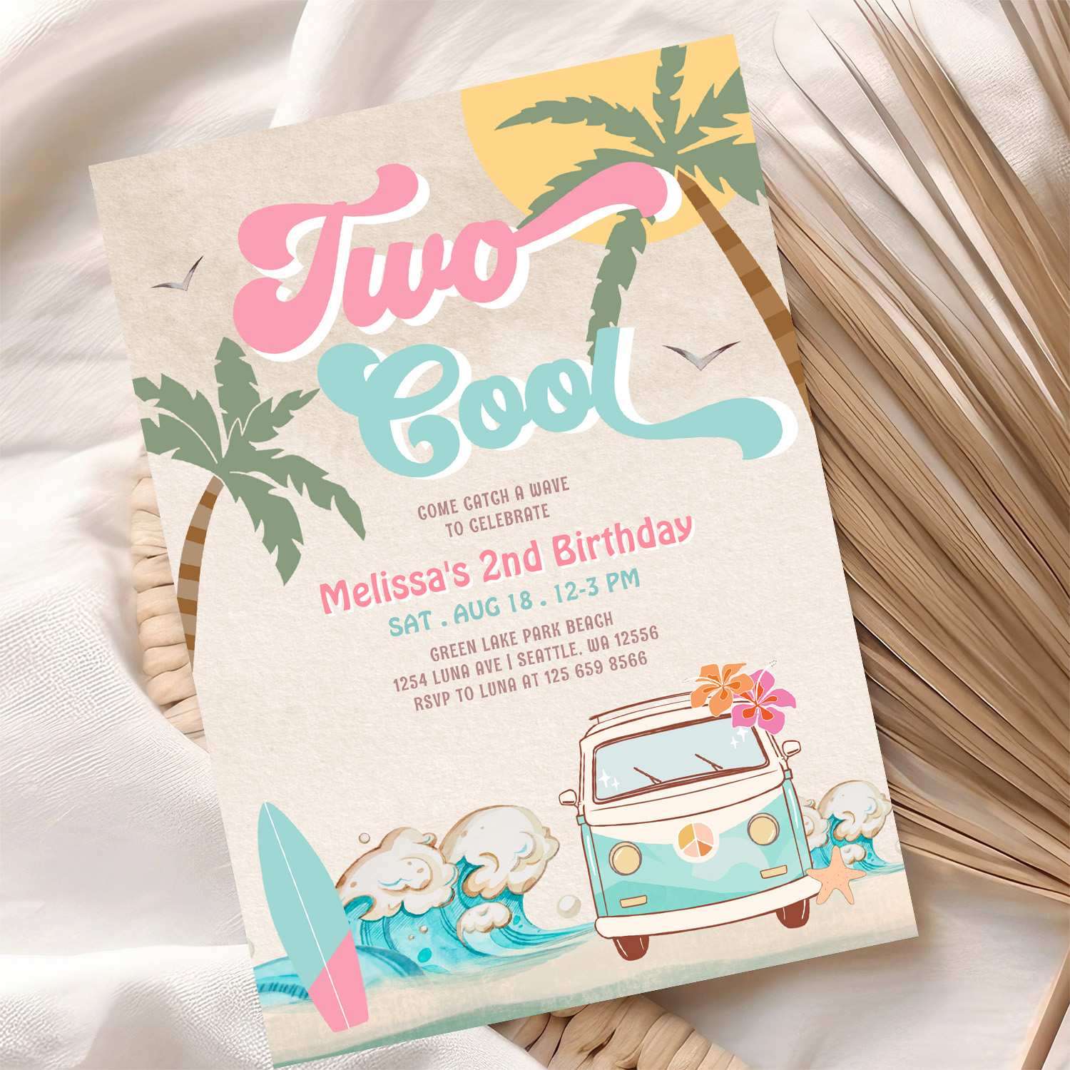 Pink Mint Two Cool Surfing 2nd Birthday Invitation - Image 10