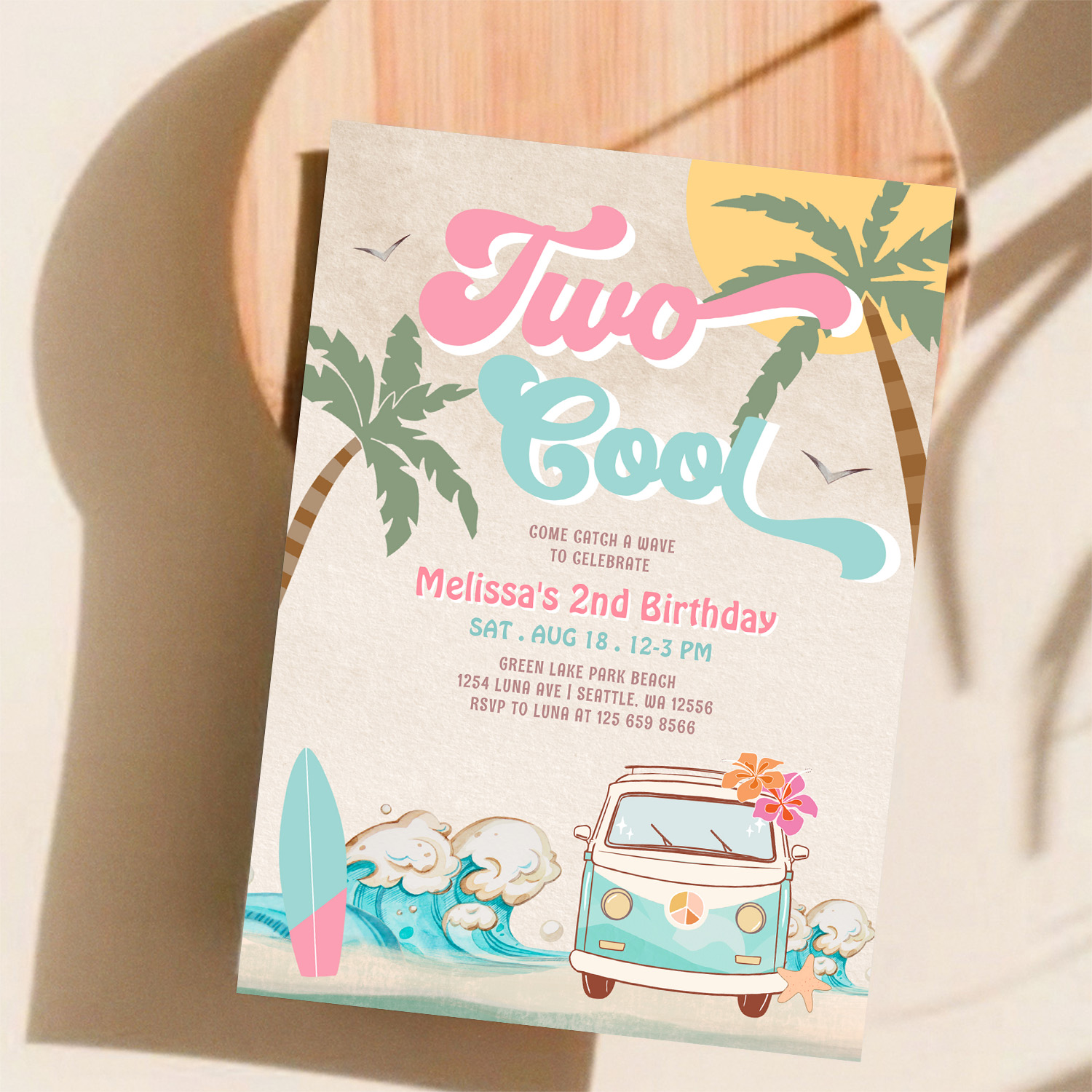 Pink Mint Two Cool Surfing 2nd Birthday Invitation - Image 11
