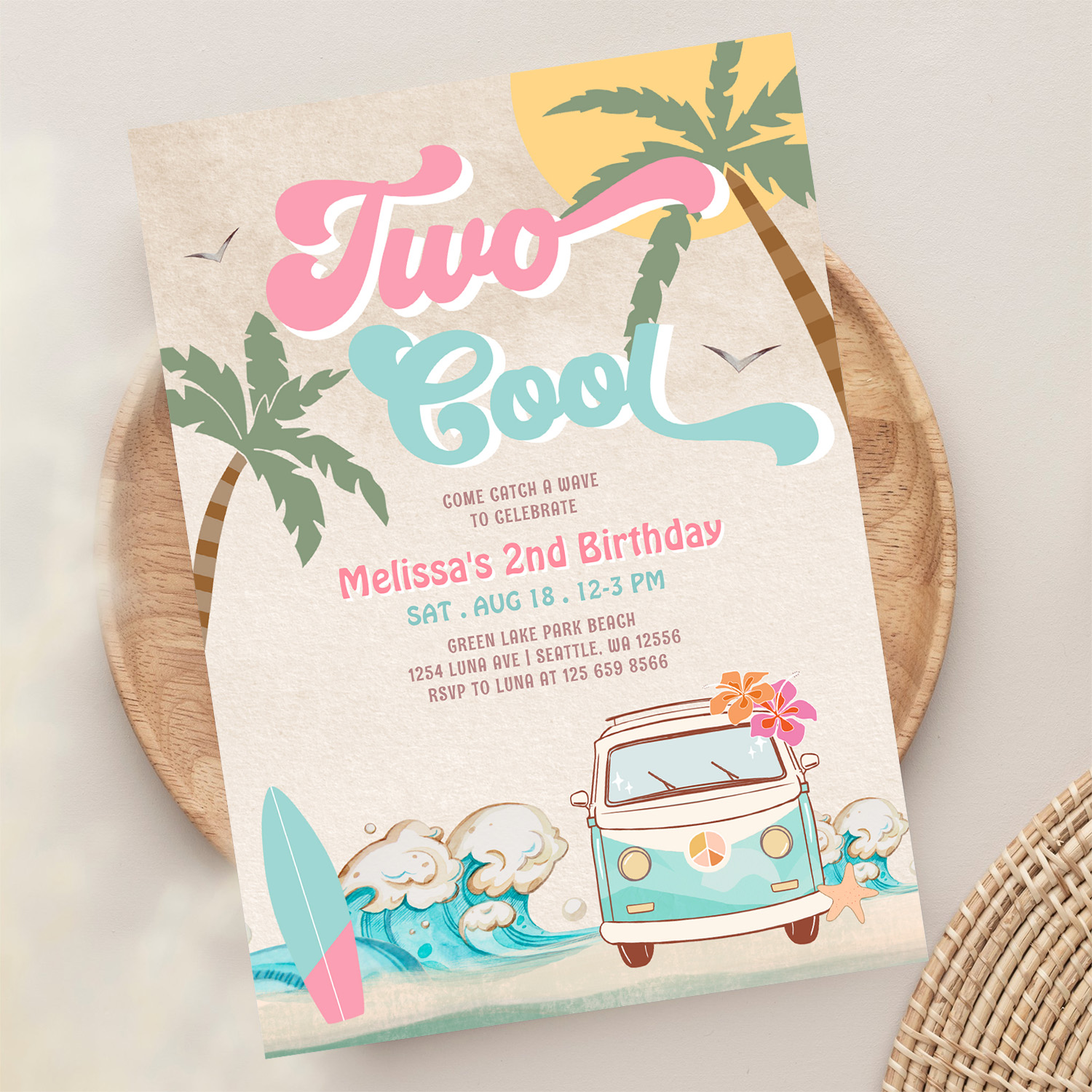 Pink Mint Two Cool Surfing 2nd Birthday Invitation - Image 13