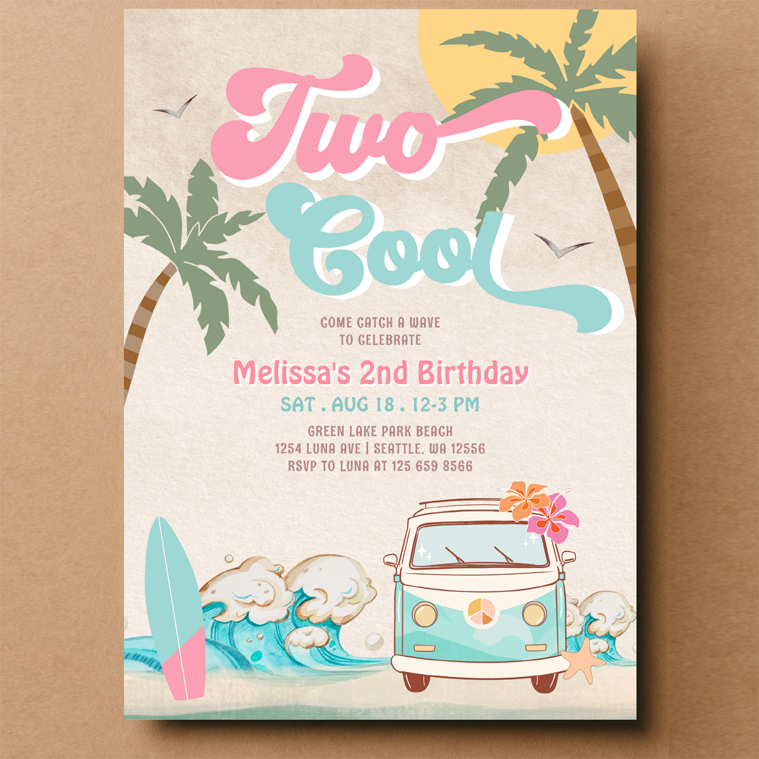 Pink Mint Two Cool Surfing 2nd Birthday Invitation - Image 14