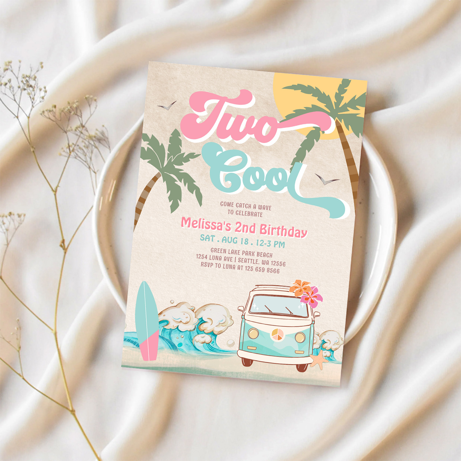 Pink Mint Two Cool Surfing 2nd Birthday Invitation - Image 2