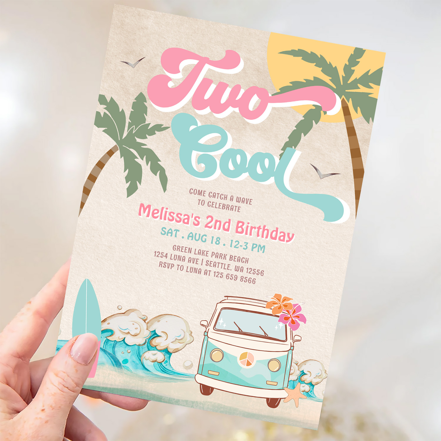 Pink Mint Two Cool Surfing 2nd Birthday Invitation - Image 3