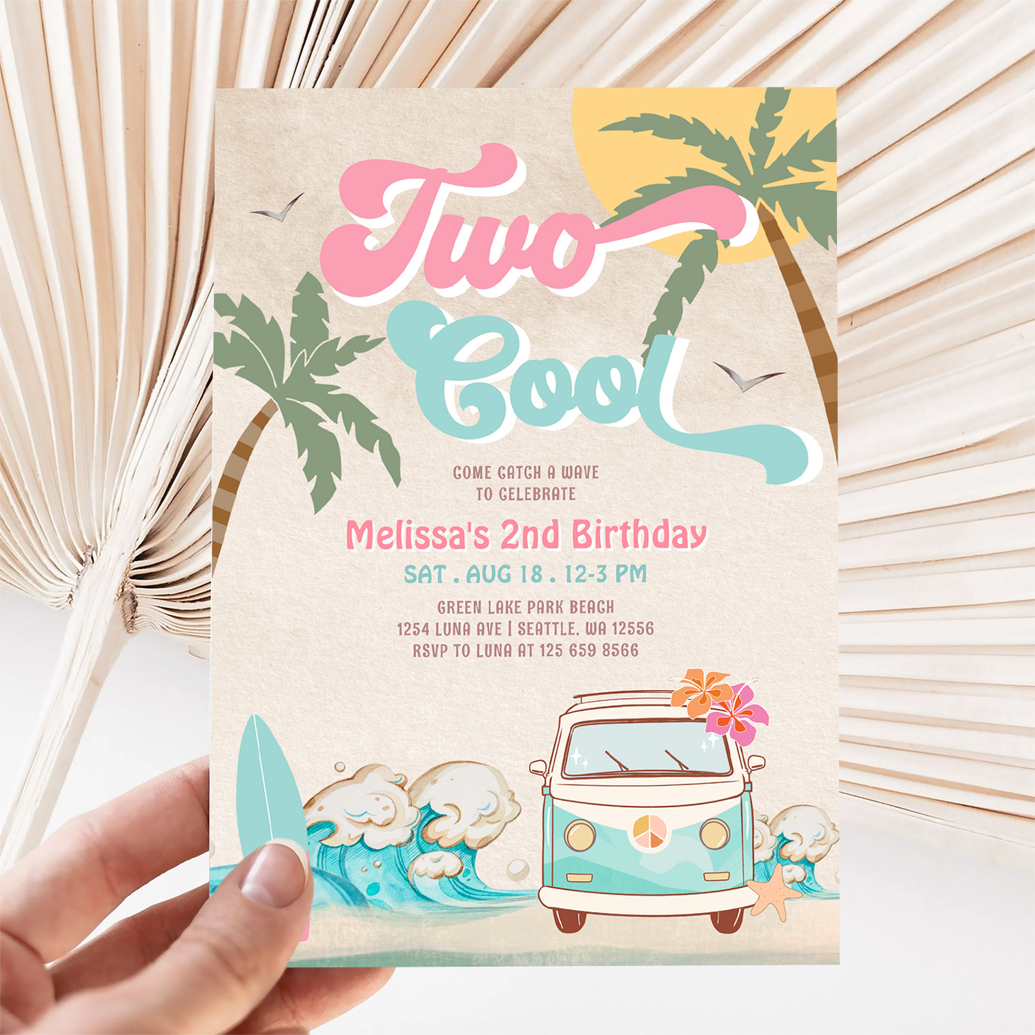 Pink Mint Two Cool Surfing 2nd Birthday Invitation - Image 5