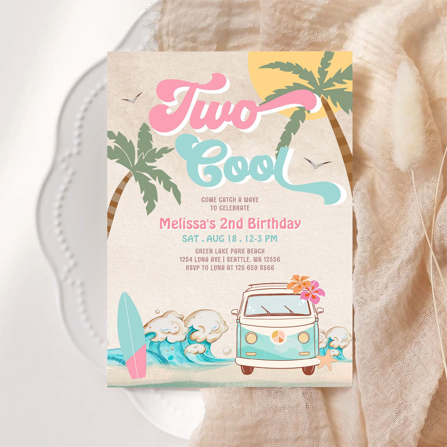 Pink Mint Two Cool Surfing 2nd Birthday Invitation - Image 6