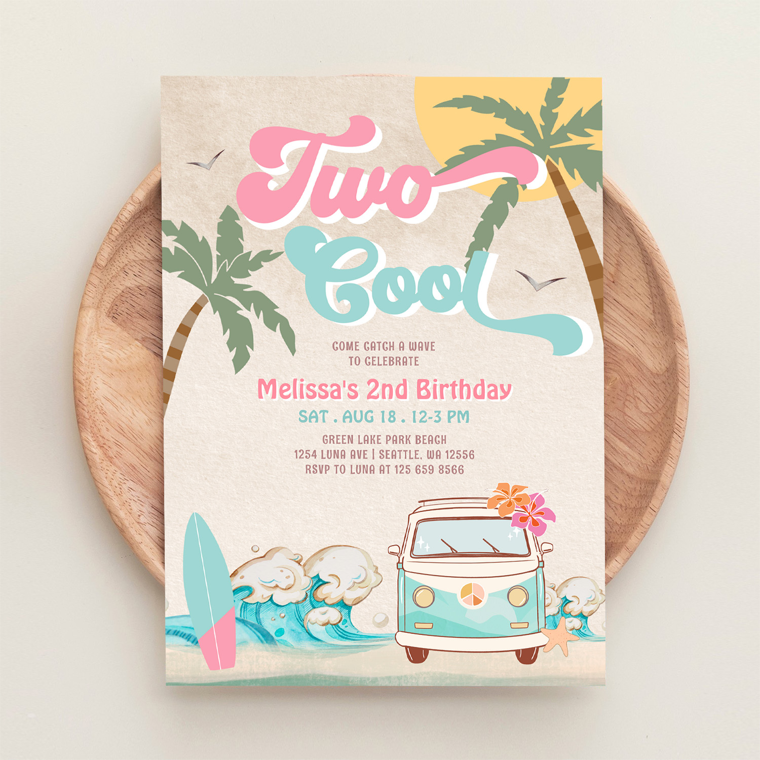 Pink Mint Two Cool Surfing 2nd Birthday Invitation - Image 7