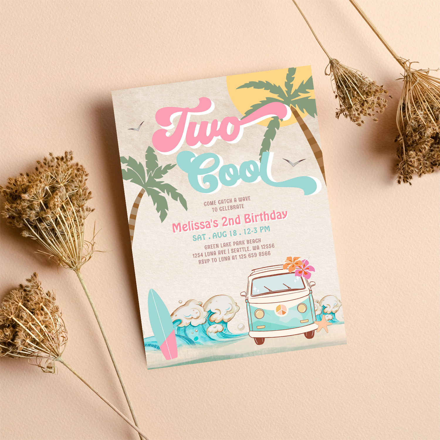 Pink Mint Two Cool Surfing 2nd Birthday Invitation - Image 8