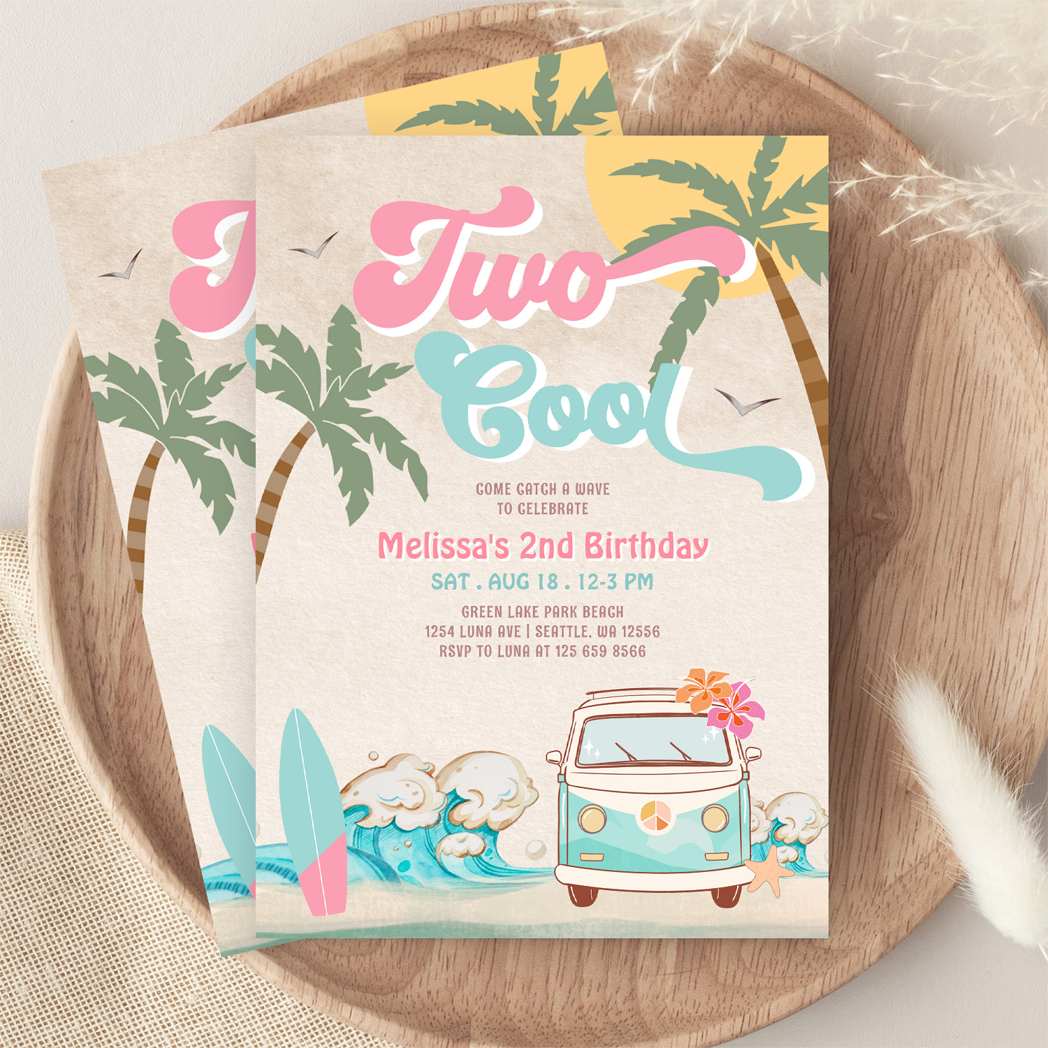 Pink Mint Two Cool Surfing 2nd Birthday Invitation - Image 9