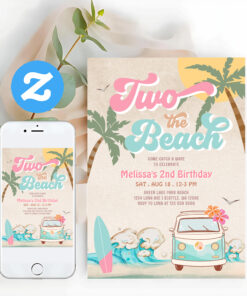 Pink Mint Two The Beach Surfing 2nd Birthday Invitation